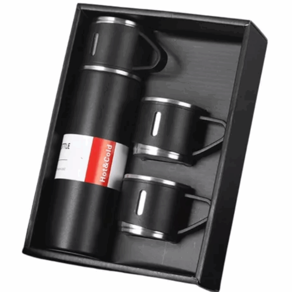 Kit Garrafa Térmica 500ml + 3 Xícaras Inox – Design Premium Preto
