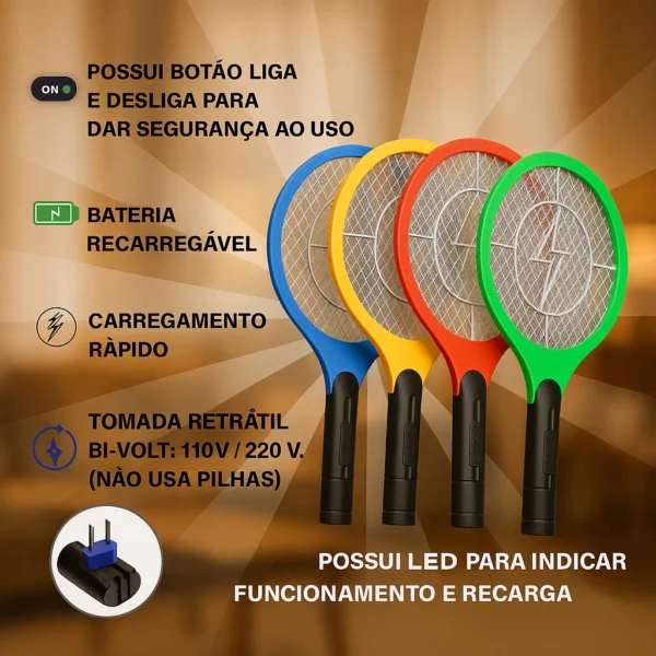 Raquete Elétrica Recarregável Mata Mosquito – Mata Insetos e Dengue - Imagem 3