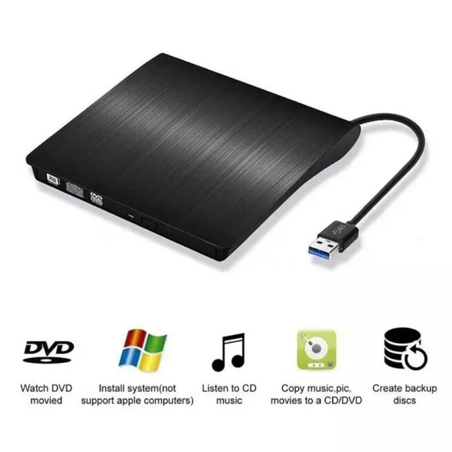 Gravador e Leitor de DVD Externo USB 3.0 - Portátil para PC e Notebook