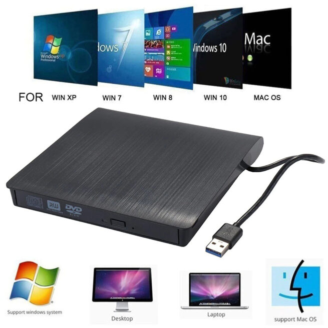 Gravador e Leitor de DVD Externo USB 3.0 - Portátil para PC e Notebook