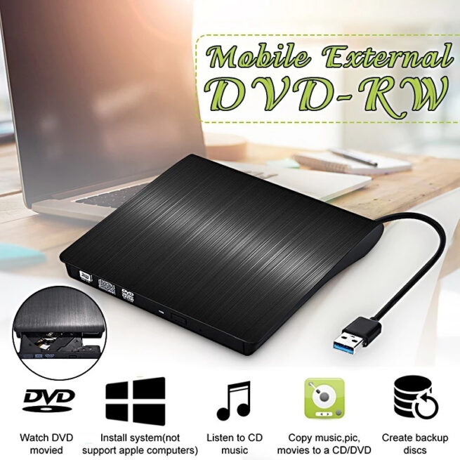 Gravador e Leitor de DVD Externo USB 3.0 - Portátil para PC e Notebook