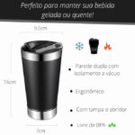 Copo Térmico Inox 473 ml com Tampa e Abridor – Preto Clássico – Versão Normal