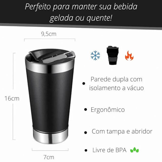 Copo Térmico Inox 473 ml com Tampa e Abridor – Preto Clássico – Versão Normal