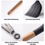 Conjunto de Utensílios de Cozinha 12 Peças em Silicone e Cabo de Madeira – Preto – Sofisticação e Praticidade