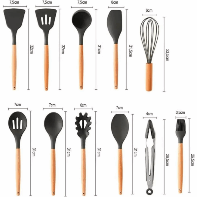 Conjunto de Utensílios de Cozinha 12 Peças em Silicone e Cabo de Madeira – Preto – Sofisticação e Praticidade