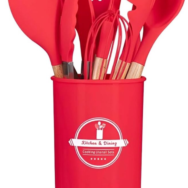 Conjunto de Utensílios de Cozinha 12 Peças em Silicone e Cabo de Madeira – Vermelho – Durabilidade e Design