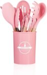 Conjunto de Utensílios de Cozinha 12 Peças em Silicone com Cabo de Madeira – Cor Rosa – Durabilidade e Estilo