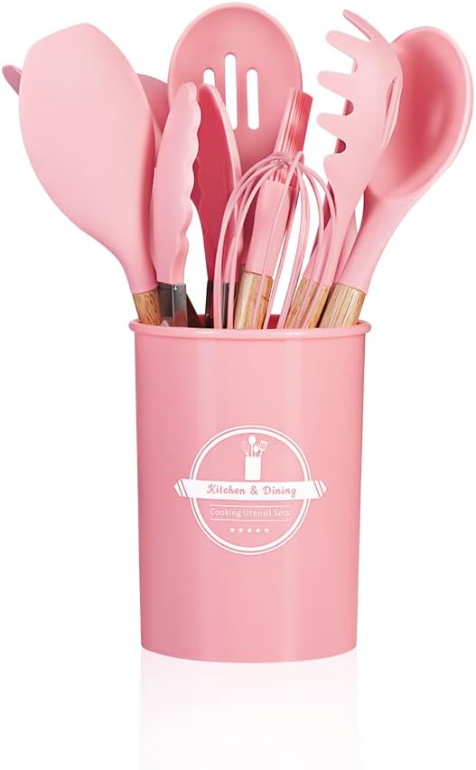 Conjunto de Utensílios de Cozinha 12 Peças em Silicone com Cabo de Madeira – Cor Rosa – Durabilidade e Estilo
