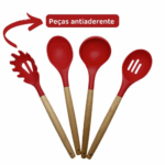 Conjunto de Utensílios de Cozinha 12 Peças em Silicone e Cabo de Madeira – Vermelho – Durabilidade e Design