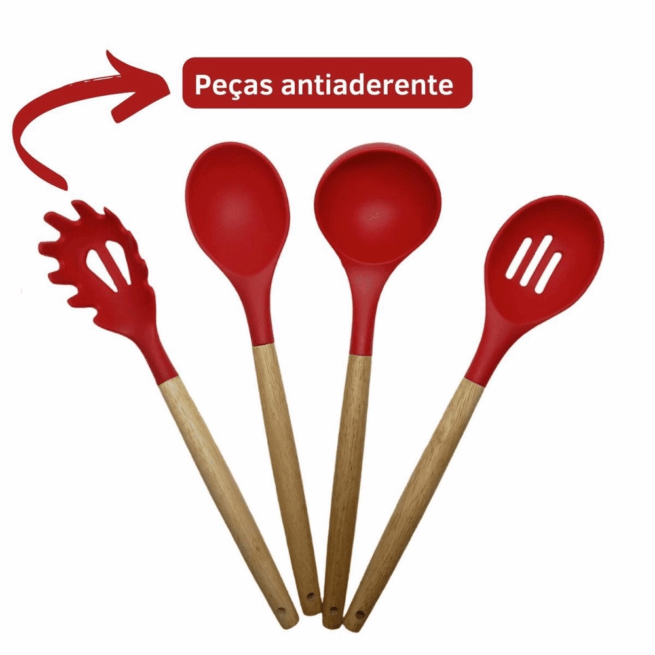 Conjunto de Utensílios de Cozinha 12 Peças em Silicone e Cabo de Madeira – Vermelho – Durabilidade e Design