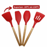 Conjunto de Utensílios de Cozinha 12 Peças em Silicone e Cabo de Madeira – Vermelho – Durabilidade e Design
