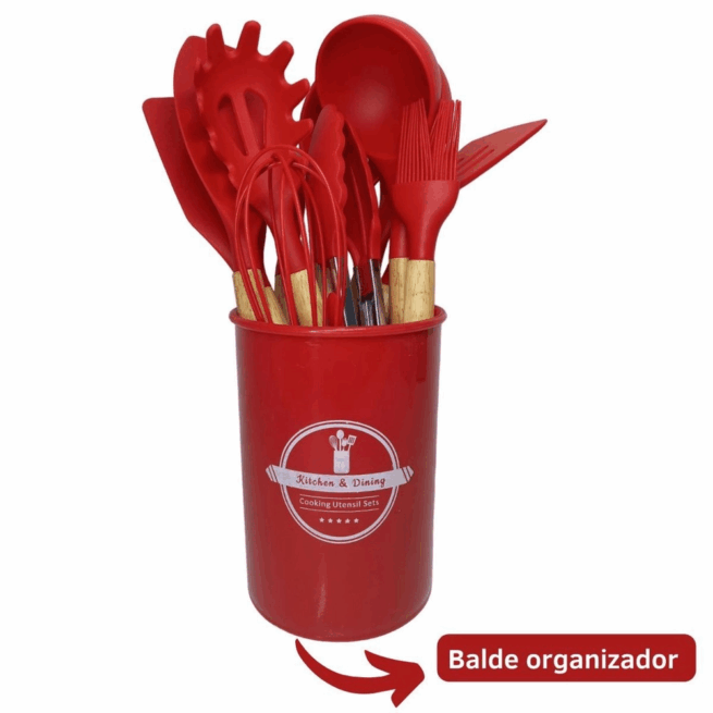 Conjunto de Utensílios de Cozinha 12 Peças em Silicone e Cabo de Madeira – Vermelho – Durabilidade e Design