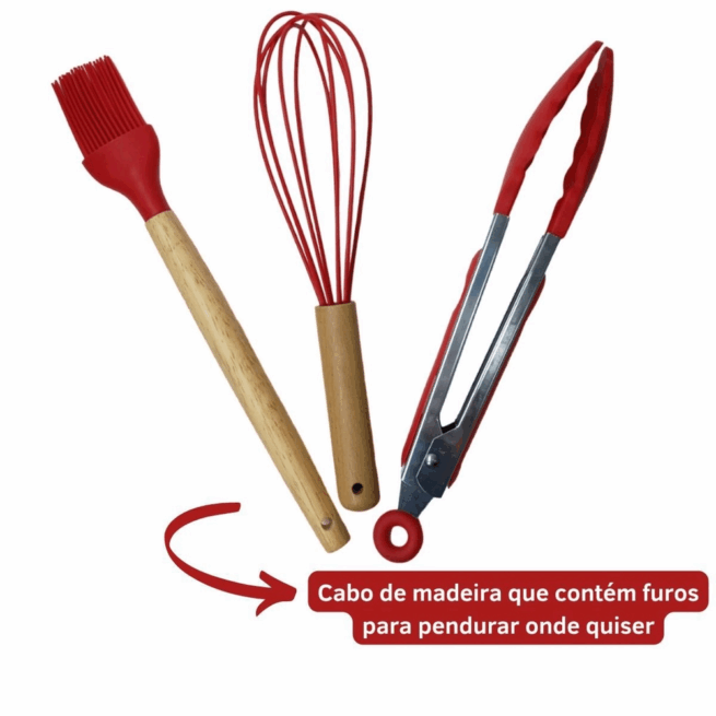 Conjunto de Utensílios de Cozinha 12 Peças em Silicone e Cabo de Madeira – Vermelho – Durabilidade e Design