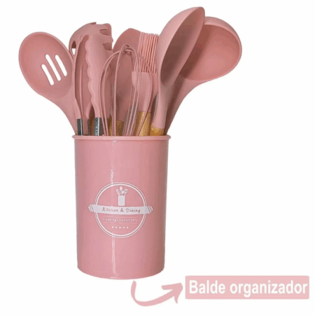 Conjunto de Utensílios de Cozinha 12 Peças em Silicone com Cabo de Madeira – Cor Rosa – Durabilidade e Estilo