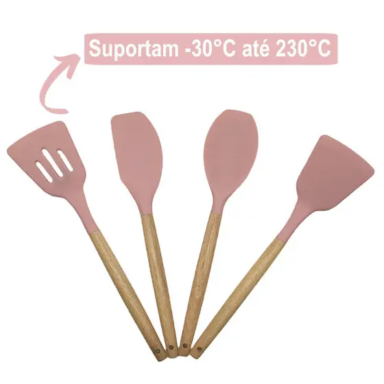 Conjunto de Utensílios de Cozinha 12 Peças em Silicone com Cabo de Madeira – Cor Rosa – Durabilidade e Estilo