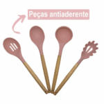 Conjunto de Utensílios de Cozinha 12 Peças em Silicone com Cabo de Madeira – Cor Rosa – Durabilidade e Estilo