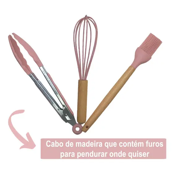 Conjunto de Utensílios de Cozinha 12 Peças em Silicone com Cabo de Madeira – Cor Rosa – Durabilidade e Estilo