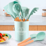 Conjunto de Utensílios de Cozinha 12 Peças Silicone e Cabo de Madeira - Verde