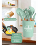 Conjunto de Utensílios de Cozinha 12 Peças Silicone e Cabo de Madeira - Verde