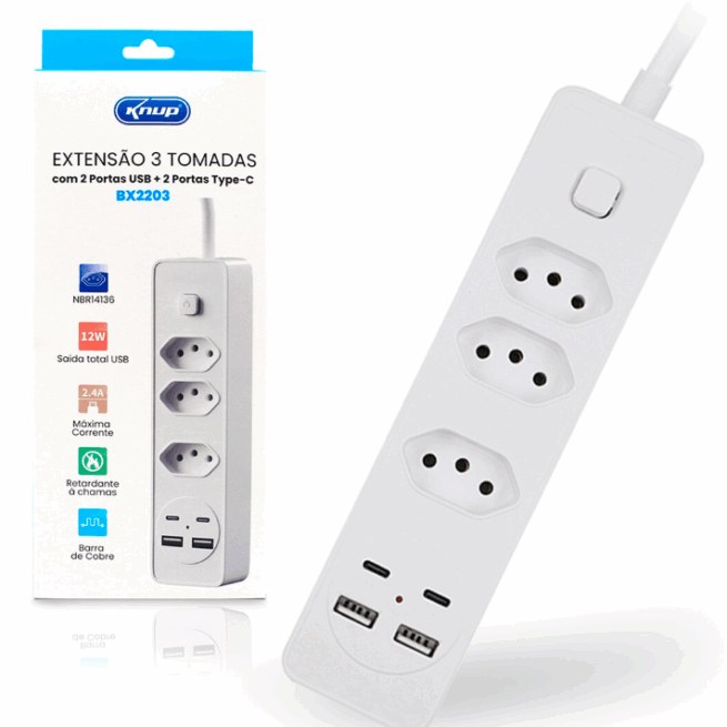 Filtro de Linha 4 Tomadas com 2 USB-C e 2 USB-A 2 Metros Bivolt - BX2204