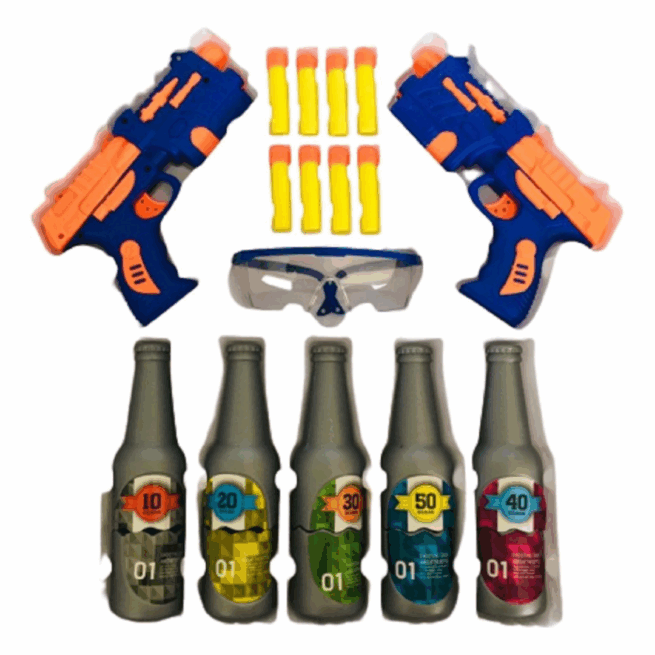 Lança Dardos com Alvo de Garrafas e Óculos - Azul, Laranja e Cinza