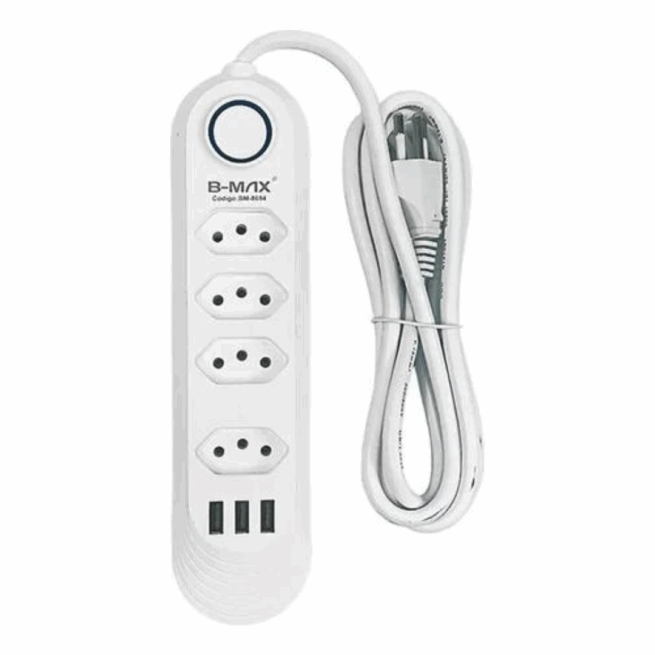 Filtro de Linha 4 Tomadas com 3 USB-A 2 Metros Bivolt - BM-8694A