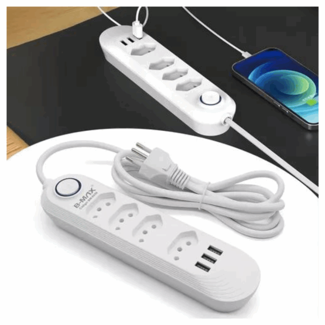 Filtro de Linha 4 Tomadas com 3 USB-A 2 Metros Bivolt - BM-8694A