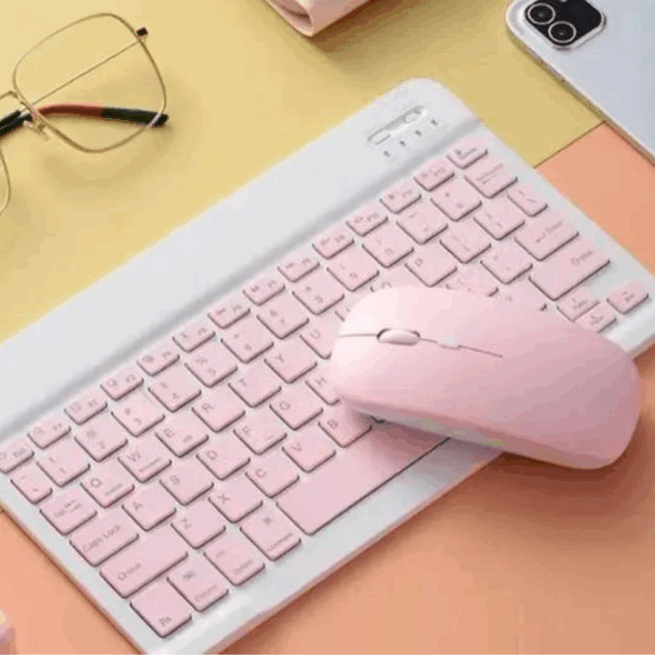 Conjunto Teclado + Mouse Sem Fio Bluetooth para Notebook e Tablet – Rosa