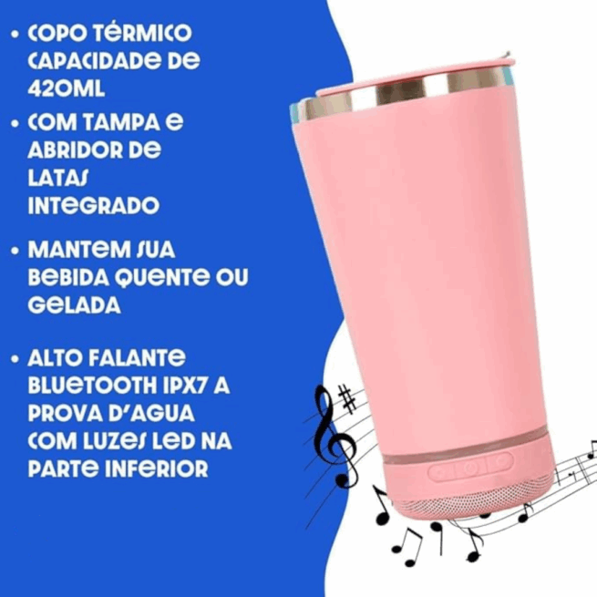 Copo Térmico Bluetooth com Som LED e Tampa com Abridor 420 ml - Rosa (Normal)