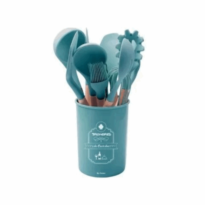 Conjunto de Utensílios de Cozinha 12 Peças Silicone com Cabo de Madeira - Azul