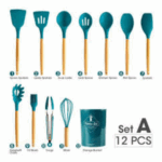 Conjunto de Utensílios de Cozinha 12 Peças Silicone com Cabo de Madeira - Azul