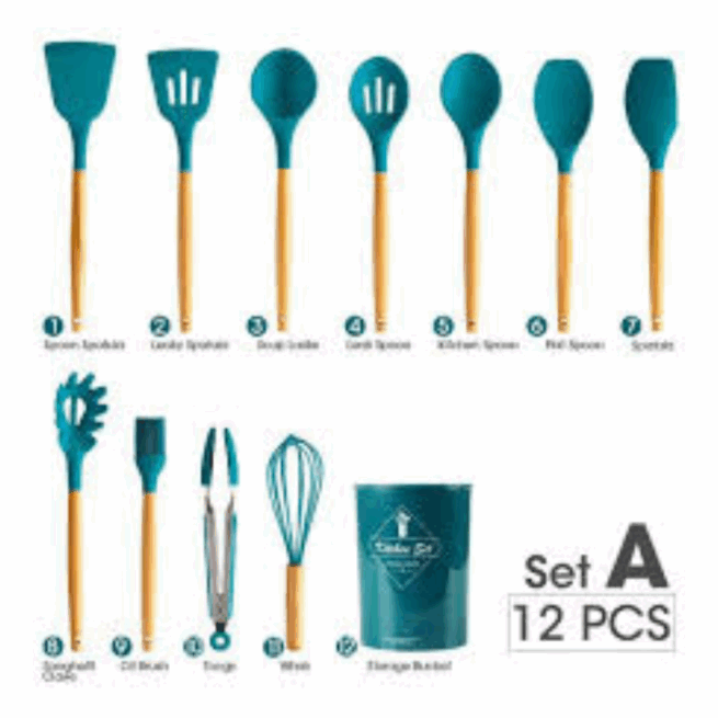 Conjunto de Utensílios de Cozinha 12 Peças Silicone com Cabo de Madeira - Azul