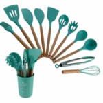 Conjunto de Utensílios de Cozinha 12 Peças Silicone com Cabo de Madeira - Azul