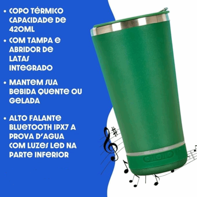 Copo Térmico Bluetooth com Tampa e Abridor 420ml - Verde (Normal)