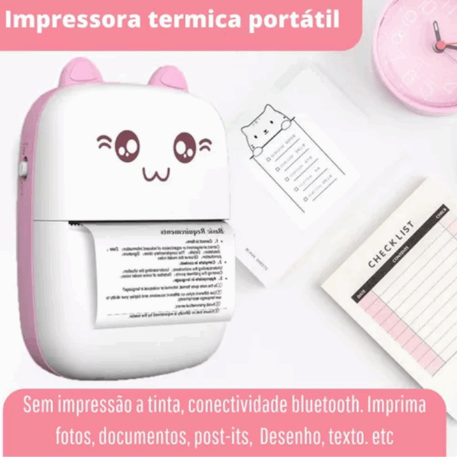 Mini Impressora Térmica Portátil Gatinho - Rosa Claro e Branco
