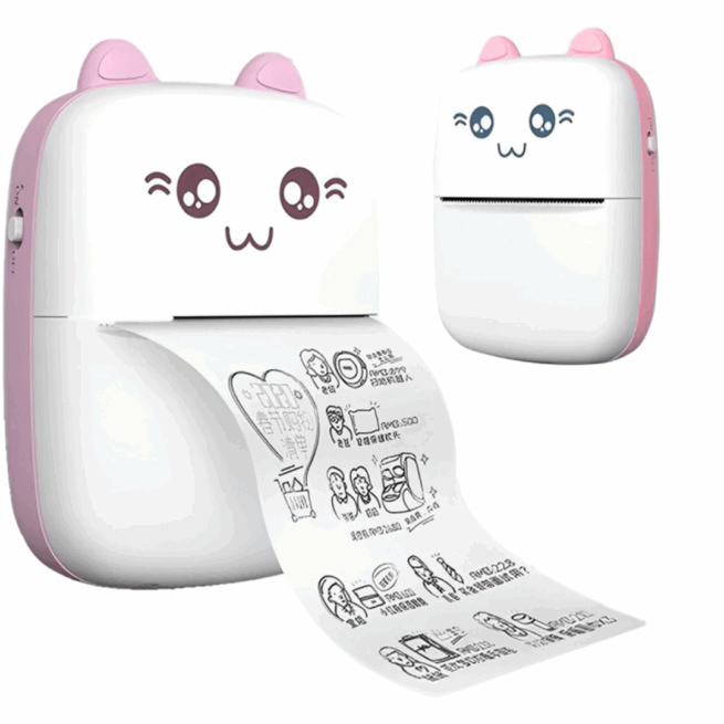 Mini Impressora Térmica Portátil Gatinho - Rosa Claro e Branco