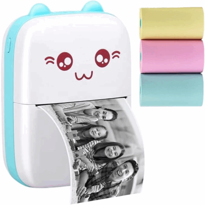 Mini Impressora Térmica Portátil Gatinho - Azul Claro e Branco