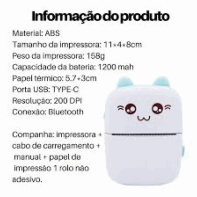 Mini Impressora Térmica Portátil Gatinho - Azul Claro e Branco