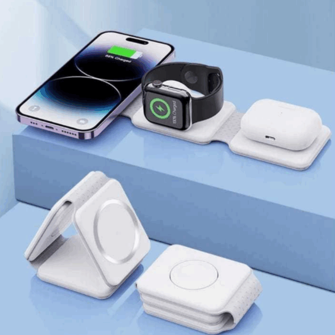 Carregador Portátil Dobravel Magsafe 3 em 1 – Branco – Compatível e Versátil