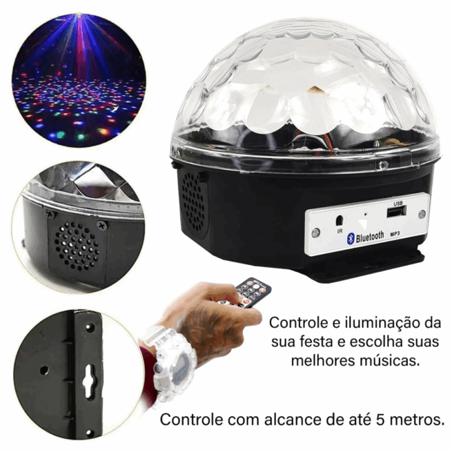 Bola Maluca Cristal com Globo de LED e Som Bluetooth Bivolt