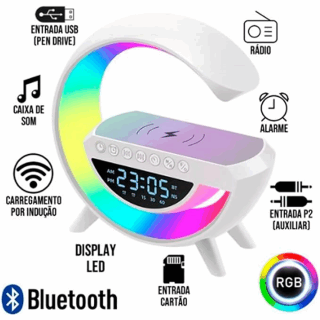 G Speaker Luminária com Relógio e Carregador por Indução BM-F946 – Tecnologia e Design