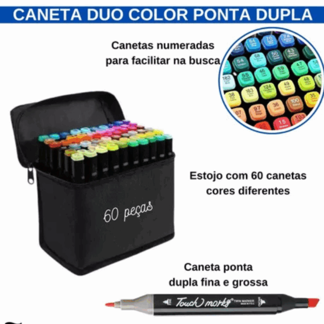 Conjunto de Canetas Coloridas Ponta Dupla 60 Peças com Estojo – Versão Preto ou Branco – Para Escrita e Arte