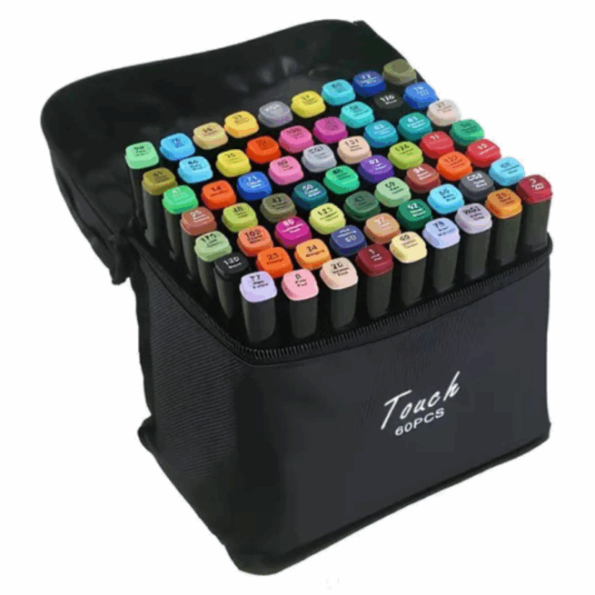 Conjunto de Canetas Coloridas Ponta Dupla 60 Peças com Estojo – Versão Preto ou Branco – Para Escrita e Arte