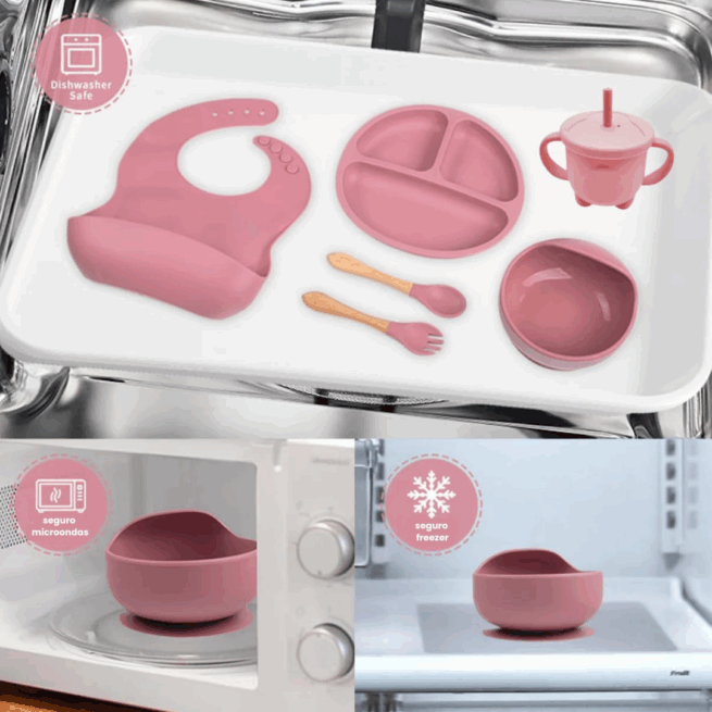Jogo Introdução Alimentar Bebê em Silicone Premium 8 Peças – Rosa Escuro ou Claro – BBL-54