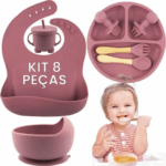 Jogo Introdução Alimentar Bebê em Silicone Premium 8 Peças – Rosa Escuro ou Claro – BBL-54