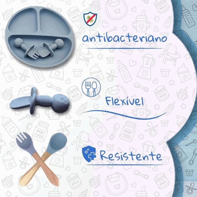 Jogo de Introdução Alimentar para Bebê em Silicone Premium 8 Peças – Azul Escuro ou Claro – BBL-54 – Alimentação Saudável