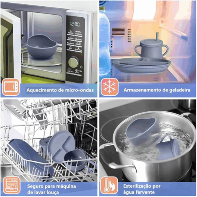 Jogo de Introdução Alimentar para Bebê em Silicone Premium 8 Peças – Azul Escuro ou Claro – BBL-54 – Alimentação Saudável