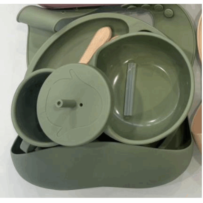 Jogo de Introdução Alimentar para Bebê com Utensílios em Silicone Premium 8 Peças - Verde Escuro