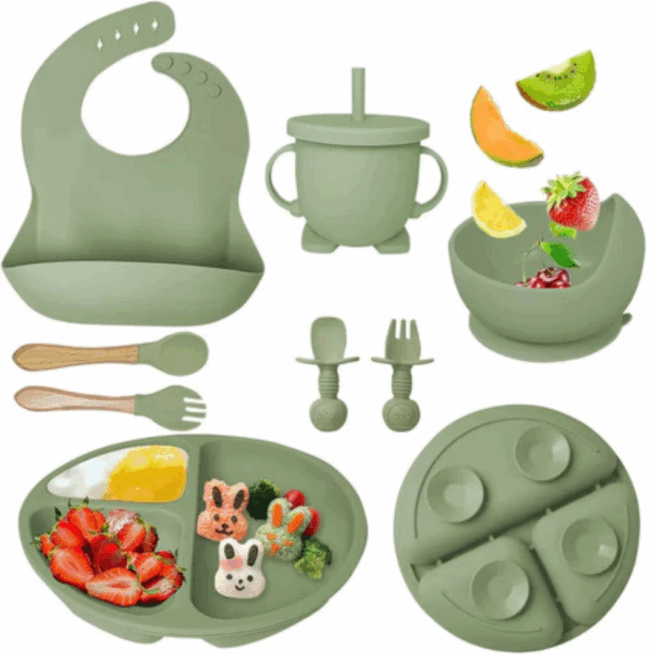 Jogo de Introdução Alimentar para Bebê com Utensílios em Silicone Premium 8 Peças - Verde Escuro