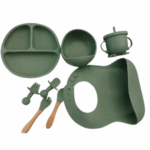 Jogo de Introdução Alimentar para Bebê com Utensílios em Silicone Premium 8 Peças - Verde Escuro
